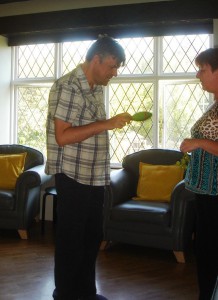 Martin plays skittles as part of his exercise activities.